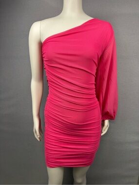 One-Shoulder Ruched Hot Pink Bodycon Dress